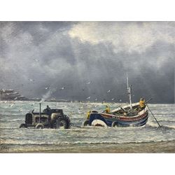 Jack Rigg (British 1927-): Towing the Lifeboat at 'Filey', oil on board signed, titled and dated 2002 verso 34cm x 44cm