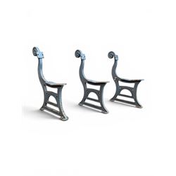 Set of three mid-20th century cast iron towns and park bench ends, scrolling pediment over arched stretchers, length to be altered as desired