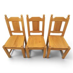Contemporary solid oak dining table, and set of eight chairs, rectangular plank top with chamfered edges, raised on square supports