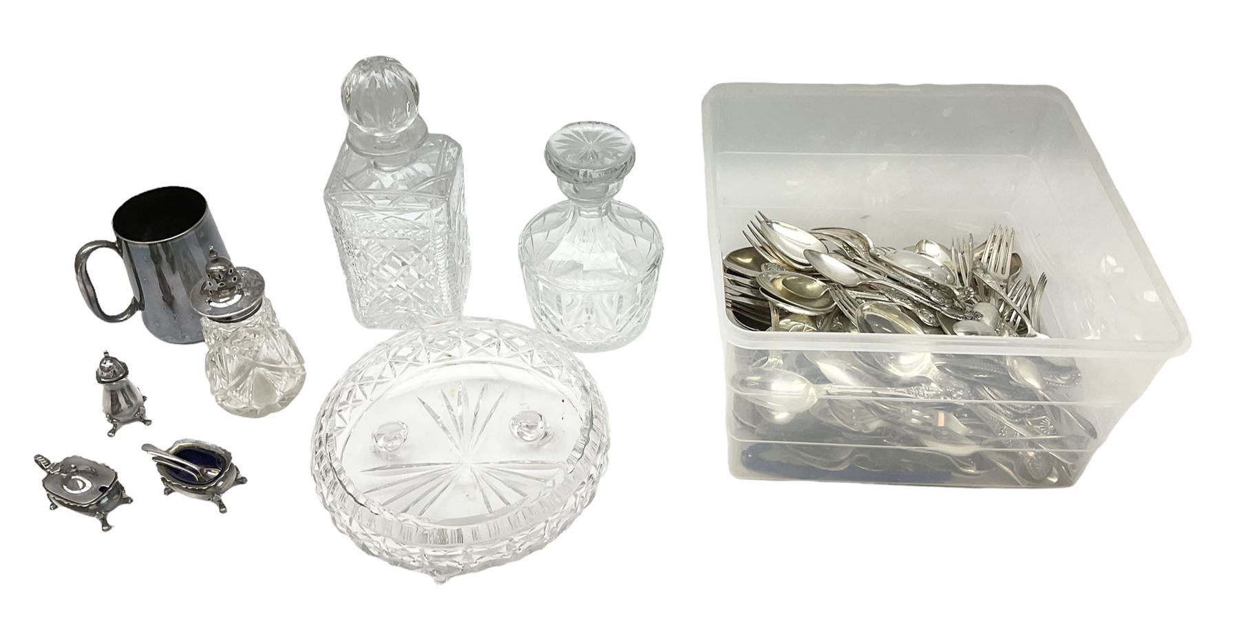 Quantity of assorted silver plated and other flatware, to include part sets, set of three silver plated cruets, glass sifter with silver plated cover, two glass decanters and stoppers, etc., in one box 