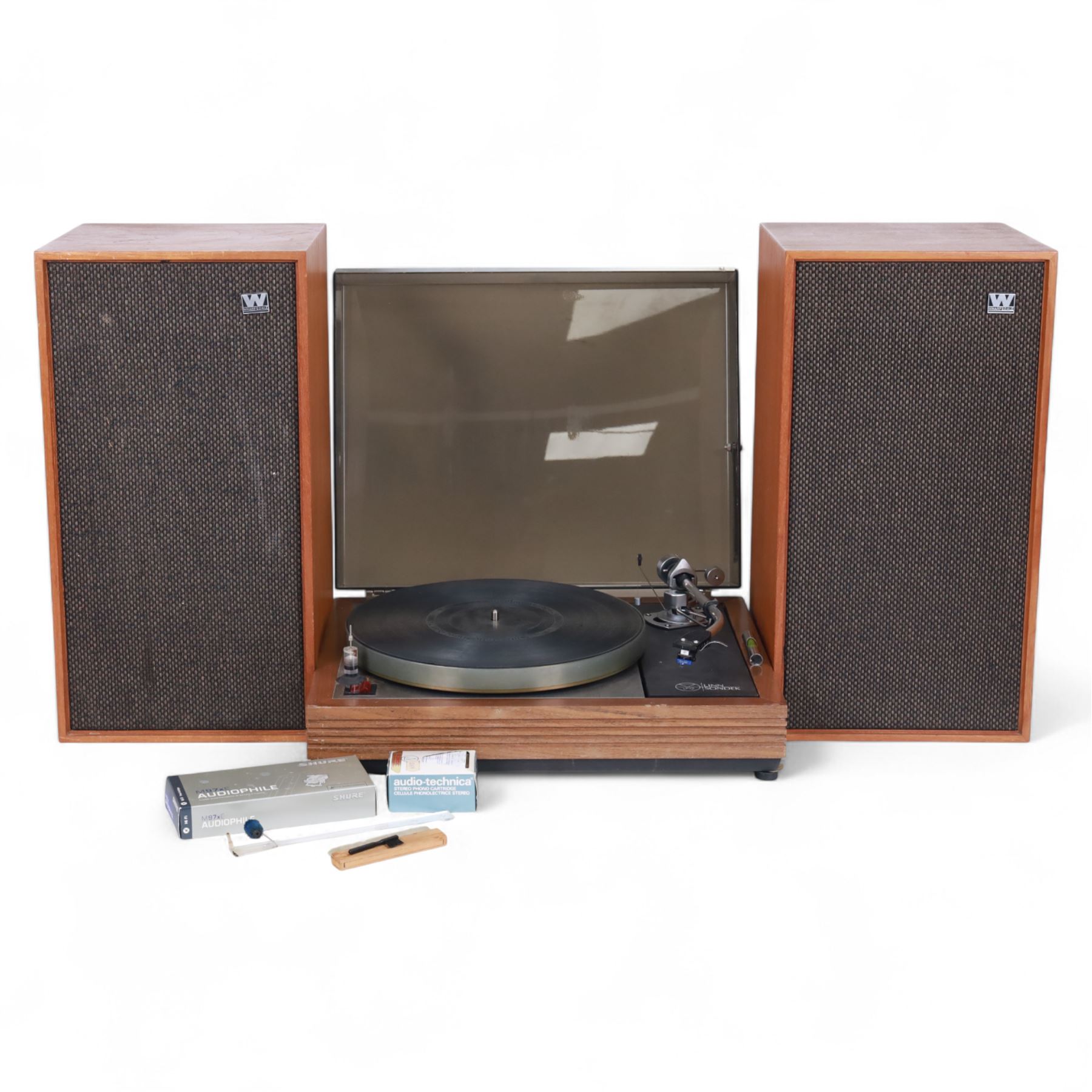 Linn Sondek LP12 transcription turntable, together with a pair of Wharfedale Linton 2 hi-fi speakers