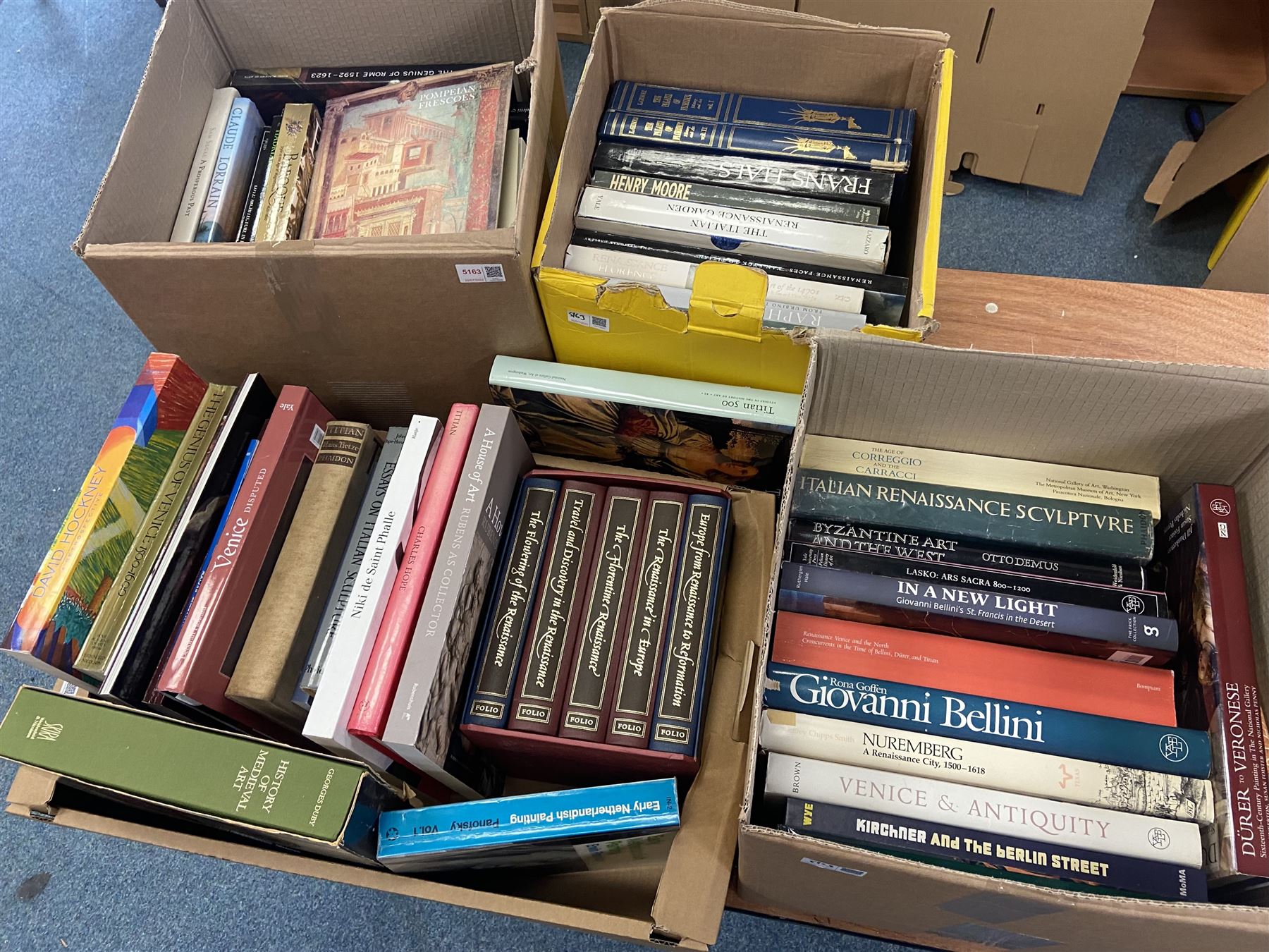 Large quantity of art reference books predominantly in English, to include David Hockney a Retrospective, The Folio Society; The Story of the Renaissance, Henry Moore, etc in four boxes   