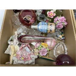 Royal Doulton Greenbrier pattern tea wares, together with a collection of porcelain flowers, Murano style coloured glass bowls, other ceramics and glassware, in four boxes 