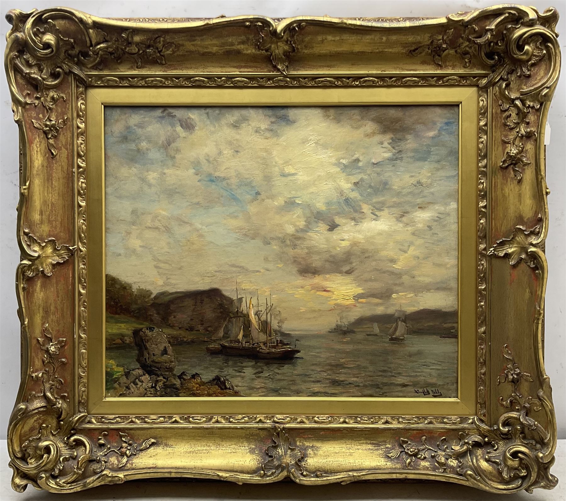 James Campbell Noble RSA (Scottish 1846-1913): Shipping at Sunset, oil on canvas signed 50cm x 60cm