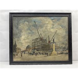 English School (Early 20th century): The Construction of the Queen's Hotel Leeds, oil on canvas unsigned 60cm x 75cm
Notes: The first railway hotel on this site was opened in 1863 for the Midland Railway. The Midland Railway was taken over by the London, Midland and Scottish Railway and in 1935 it was decided to demolish the old building and build a grand new one. This was officially opened on 12 November 1937, by the Princess Royal and Lord Harewood. The architect was W. H. Hamlyn 