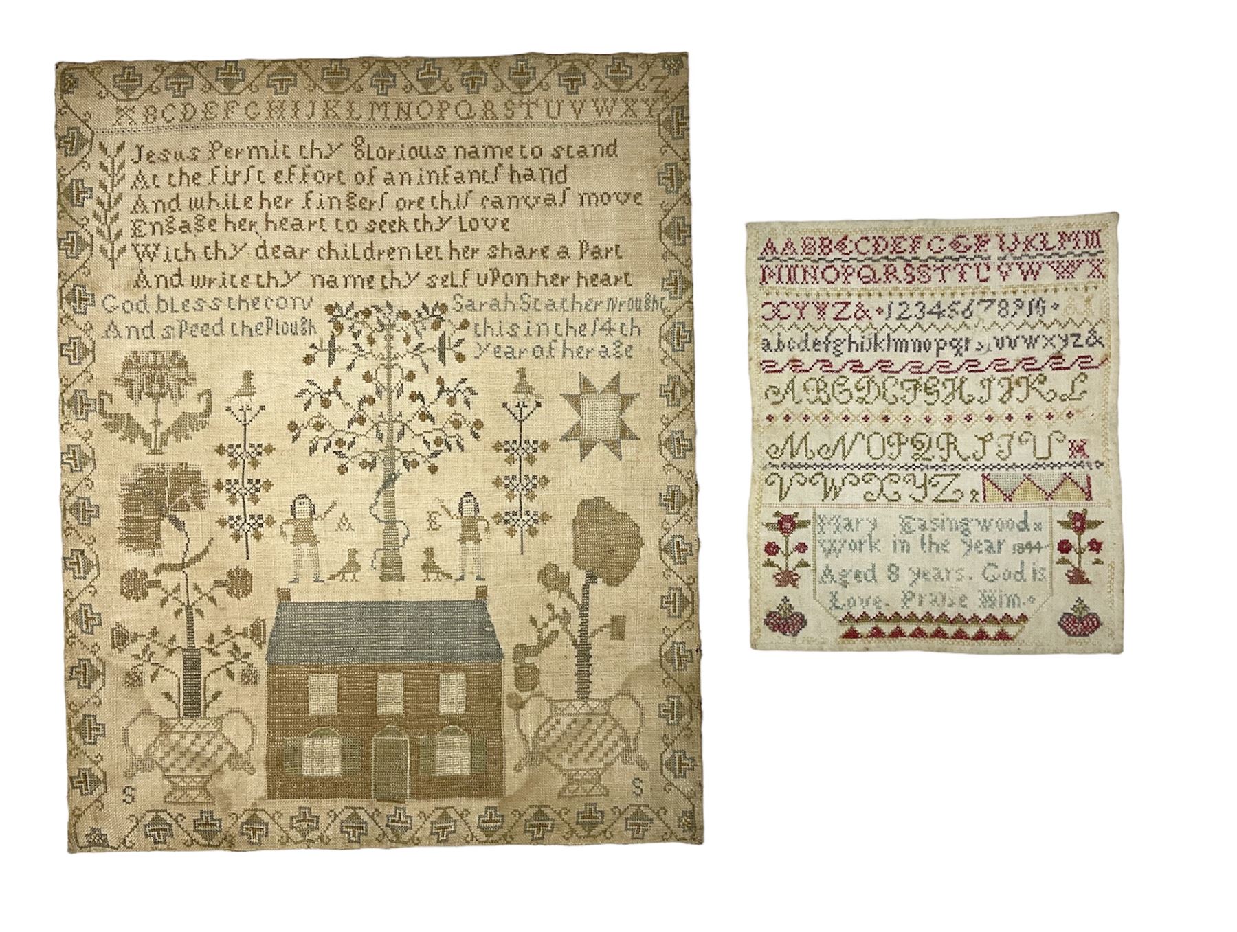 Two 19th century needlework samplers, comprising an example worked with the alphabet by Mary Easingwood 1844, together with a larger example by Sarah Starther, largest example H52cm 