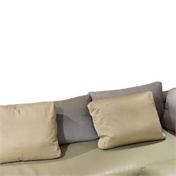 Christian Liaigre (1943-2020) - 'Arpege' handmade L-shaped sectional sofa, upholstered in neutral leather, with broad squared arms, deep seat cushions, angled chaise section, loose back cushions, raised on block feet