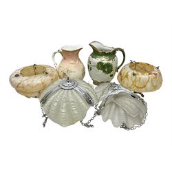 Two Art Deco mottled glass fly catcher ceiling light shades, together with two other 1930s moulded glass ceiling light shades and two Victorian style wash jugs, largest shade D33cm