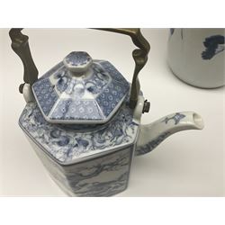 Chinese vase, decorated with vines and grapes and signed beneath, together with Chinese tea set of hexagonal form, comprising teapot and stand and six cups, vase H30cm