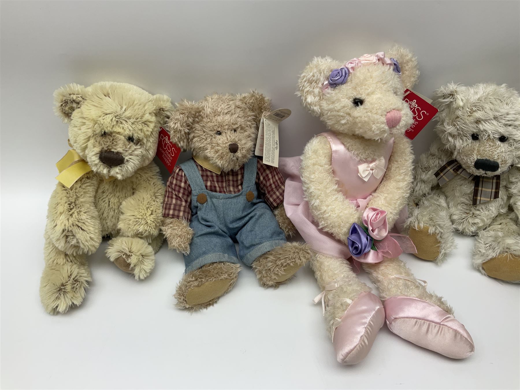 Eighteen Russ teddy bears including Ariella, Chloe, Spencer and Desmond,  mostly with tags, together with six other soft toys, tallest H42cm (24)