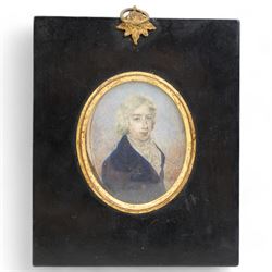 Attrib. Henry Edridge (British 1768-1821): Portrait of 'Henry Hamilton' (Irish c.1780-1850) Wearing a Blue Jacket, miniature watercolor on ivory inscribed and dated c.1795, 8cm x 6cm
Provence: direct from the family of the sitter.
Notes: Henry Hamilton was the son of the Irish politician Sackville Hamilton (1732-1818), and grandson of The Honorable Henry Hamilton (1692-1743). This item has been registered for sale under Section 10 of the APHA Ivory Act