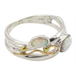 Silver and 14ct gold wire two stone opal openwork ring, stamped 925 