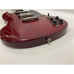 Vintage VS6M Reissued Series six string electric guitar, with solid body in cherry red finish, in carrying case, guitar L103cm