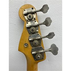 1962 Fender Precision bass guitar; re-finished in natural alder in the 1970s; impressed date code 5NOV62C to end of neck and serial no.90537 to back plate; L115.5cm; in replacement hard carrying case