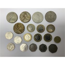 Queen Elizabeth II commemorative coins, including three Isle of Man 1970 crown coins, two further UK 1965 and 1970 crowns, three 2017 ‘Benjamin Bunny’ fifty pence pieces, two 1999 ‘Rugby World Cup’ two pound coins, Isle of Man 1999 ‘Phillip McCallen’ fifty pence piece etc