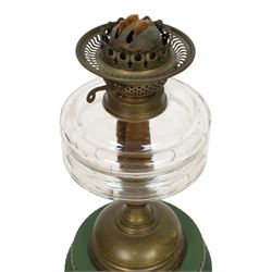 Silvered ceiling light with etched drop shade together with oil lamp with clear glass reservoir, ceiling lamp H38cm