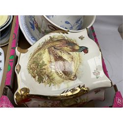 Two Poole Pottery dinner plates and a meat plate, four Copeland Spode Bermuda pattern dinner plates, Sadler jug, Keele St Pottery cottage tea wares, Torquay Motto ware, blue and white jug and bowl, two large planters and other ceramics, etc, in four boxes 