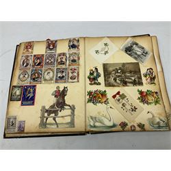 Victorian scrapbook of various fixed decoupage to include, greeting cards, portraiture, flowers, animals etc,