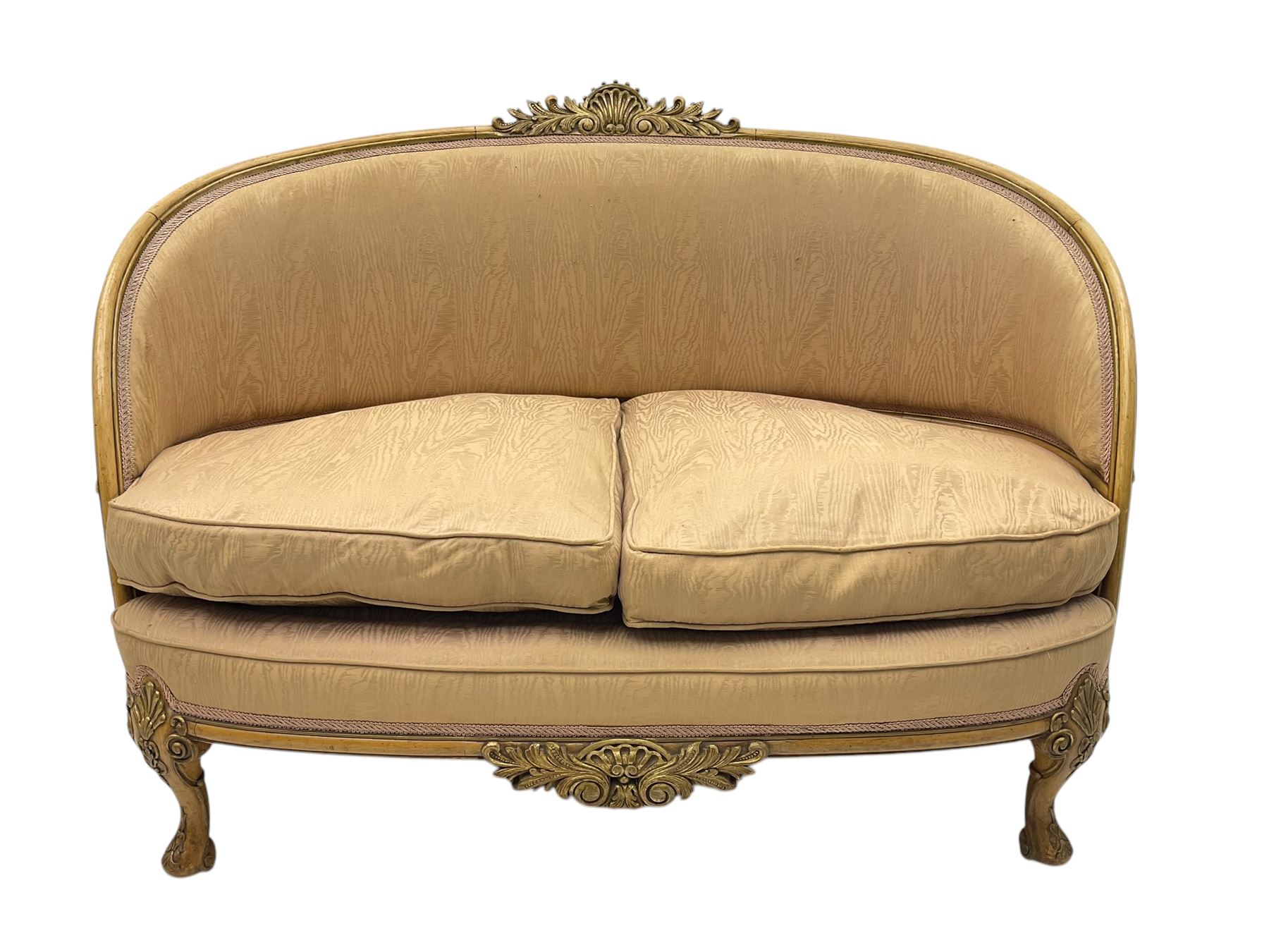 French Louis XV design walnut framed sofa, tub-shaped upholstered back with gilt foliate carved crest, padded seat with twin loose cushions, raised on cabriole supports with shell and acanthus leaf carvings