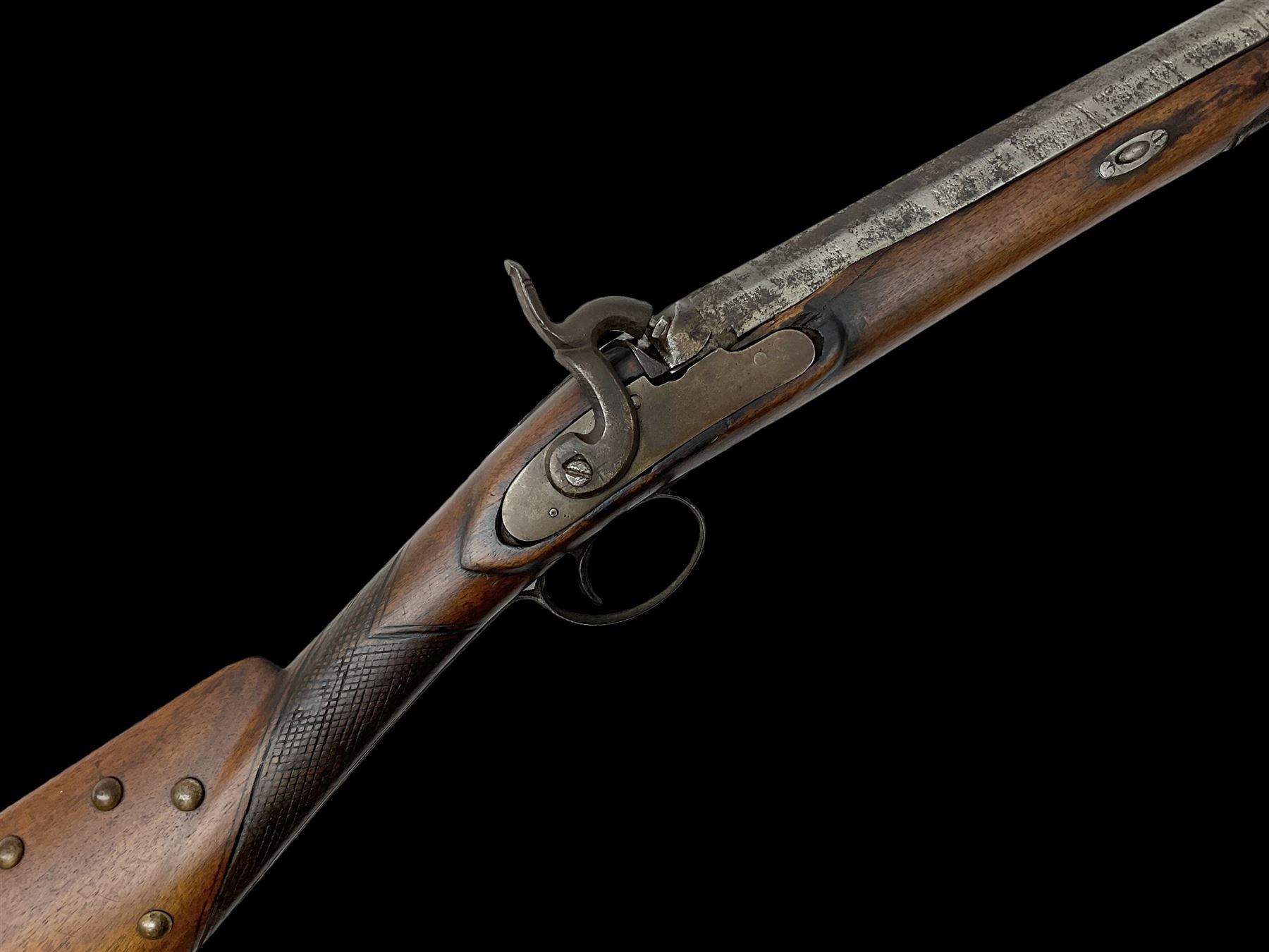 Composed decorative percussion action sporting gun, the 79cm barrel with ramrod under and Indian style studded stock L124cm overall