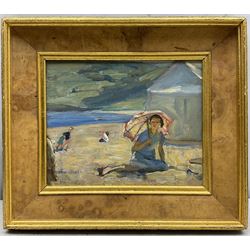 Florence Adelina Hess (Staithes Group 1891-1974): 'Peggy' with a Parasol and Beach Tent at Runswick Bay, oil on panel signed, titled verso 21cm x 26cm 
Provenance: exh. Phillips & Sons, The Dower House, Cookham, May 1981