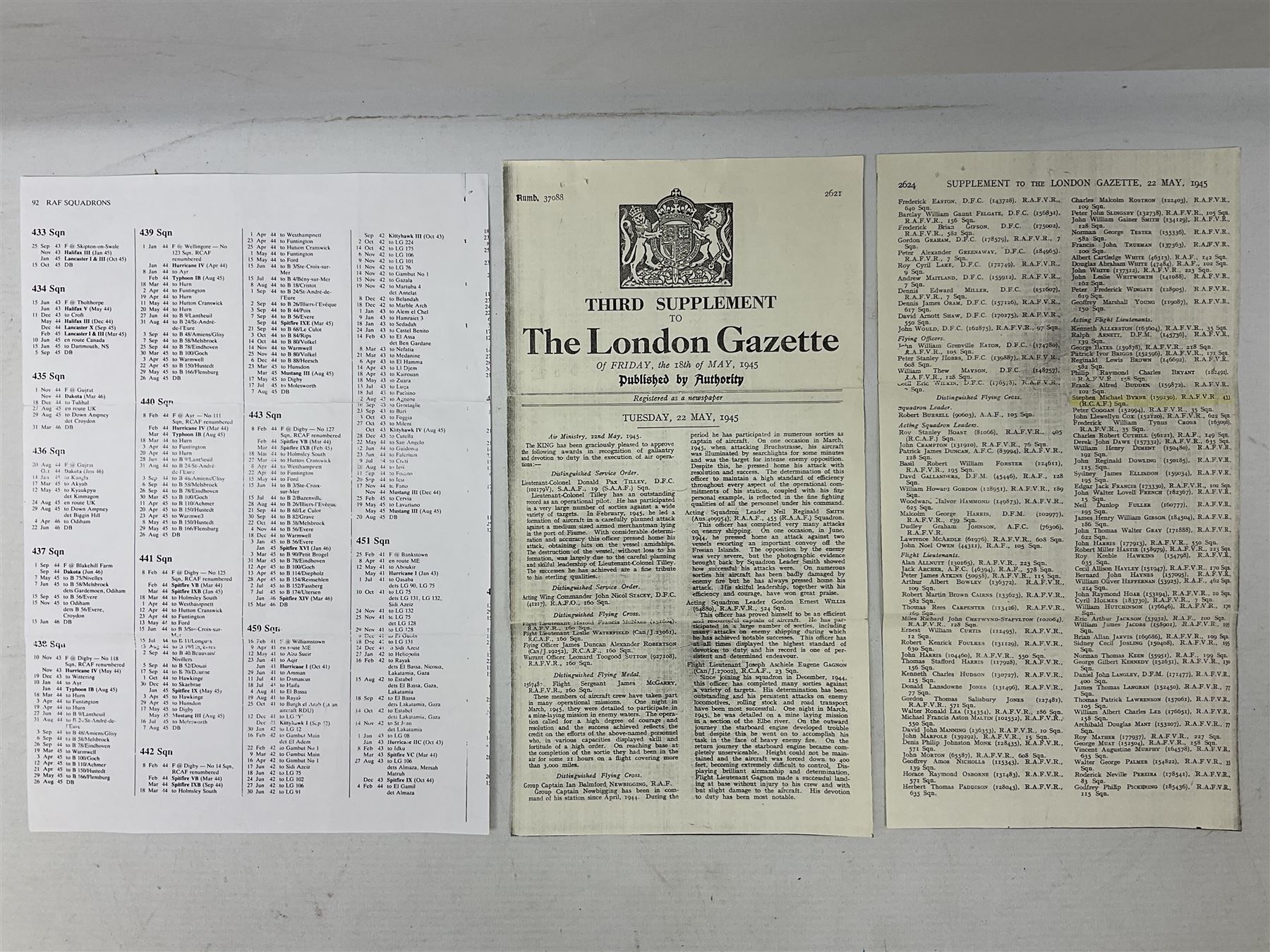 WW2 Royal Canadian Air Force group of five medals comprising Distinguished Flying Cross inscribed verso 1945 F/L Stephen M. Byrne 433 Squadron 1939/1945, 1939-1945 Star, Air Crew Europe Star, 1939-1945 War Medal and Canadian Volunteer Service Medal with maple leaf clasp; together with copies of research material including London Gazette Supplement