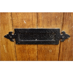 Oak exterior door, framed planked construction with hammered black finish ironmongery including letter box and handle, W95cm, H195cm, D4cm  