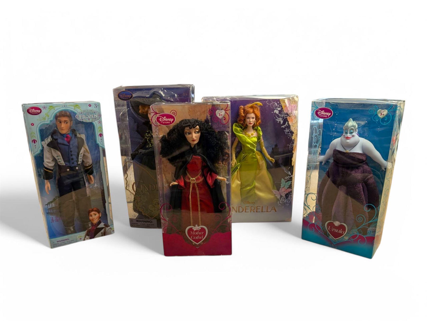 Five Disney Dolls, comprising Mattel Lady Tremaine, and The Disney Store Ursula, Mother Gothel, Hans and Lady Tremaine, all boxed