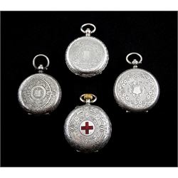 Four silver open face Swiss ladies silver cylinder fob watches, three key wound and one keyless, enamel and silver dials with Roman numerals, one signed on the movement Stewart Dawson & Co, London, all hallmarked (4)