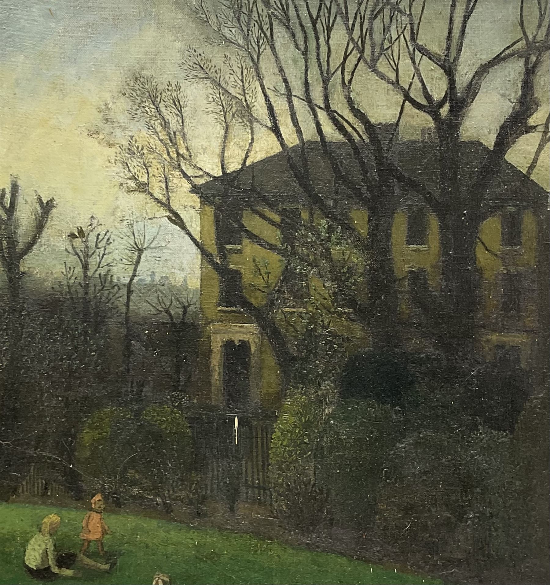 Barbara Hamlyn (British 20th century): Children Playing Outside Manor in Winter, oil on board signed verso 42cm x 37cm