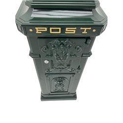 Victorian style cast aluminium green painted post / mail box, with keys
