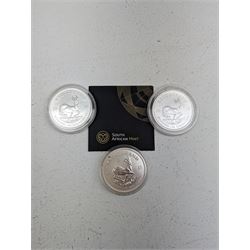 Three South Africa one ounce fine silver Krugerrand coins, dated 2017, 2018 and 2019
