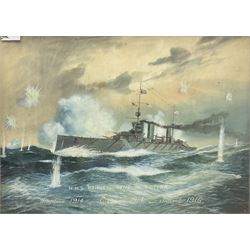 English School (Early 20th century): 'HMS Princess Royal in Action - Heligoland 1914 - Cuxaven 1914 - Jutland 1916', watercolour unsigned and titled 49cm x 67cm