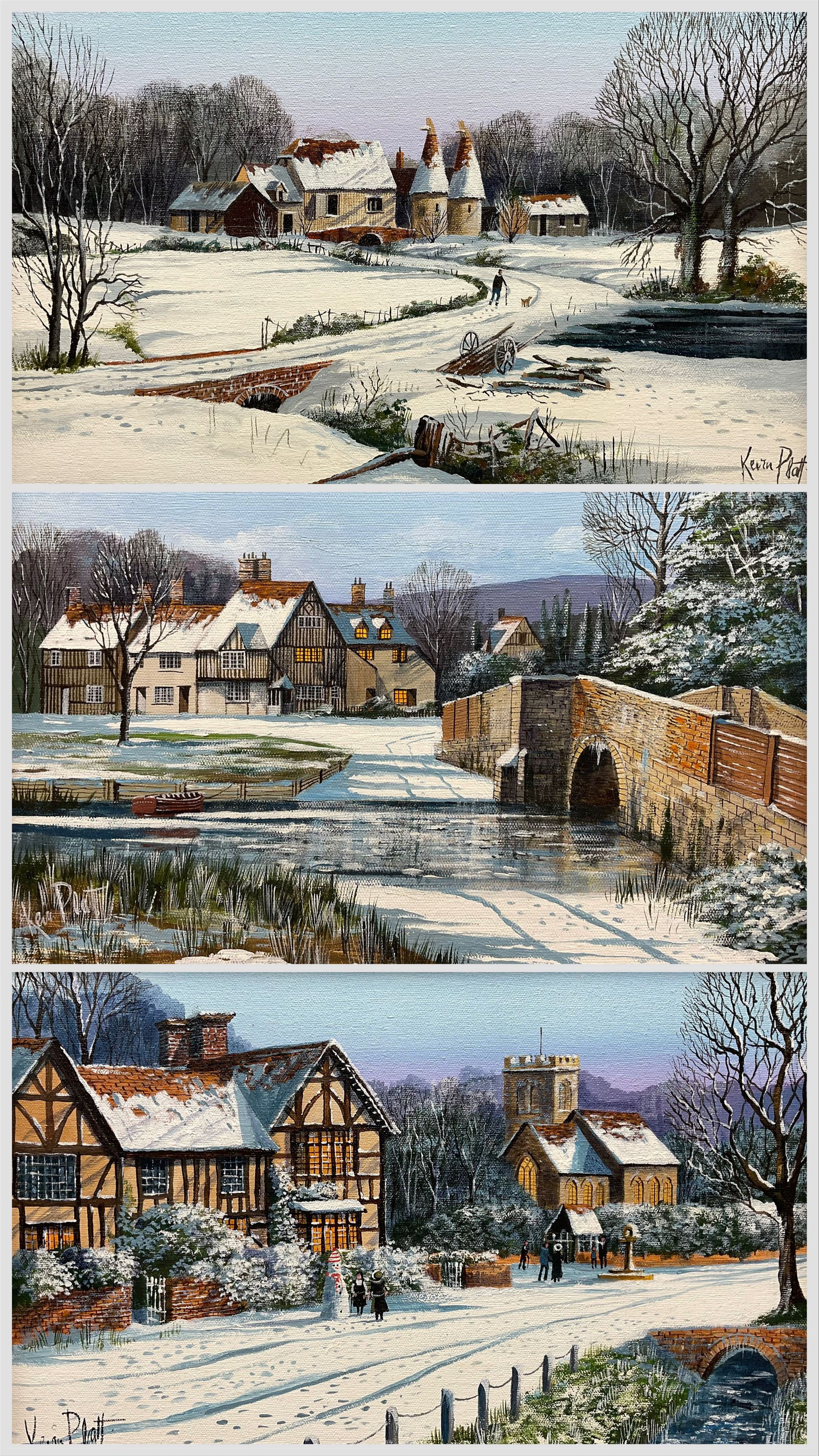 Kevin Platt (British 1945-): 'Kentish Winter' 'Winters Peace' and 'Winters Evensong', set of three acrylics on canvas signed, titled verso 26cm x 40cm 