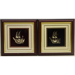  Pair framed silver models of boats stamped 925, 25cm x 25cm   