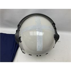 RAF Alpha MK 10B helicopter pilot's flying helmet; fully reconditioned with all avionics tested as working; finished in RAF satin grey with new visor, visor cover and boom microphone; small size; in blue cloth carrying bag