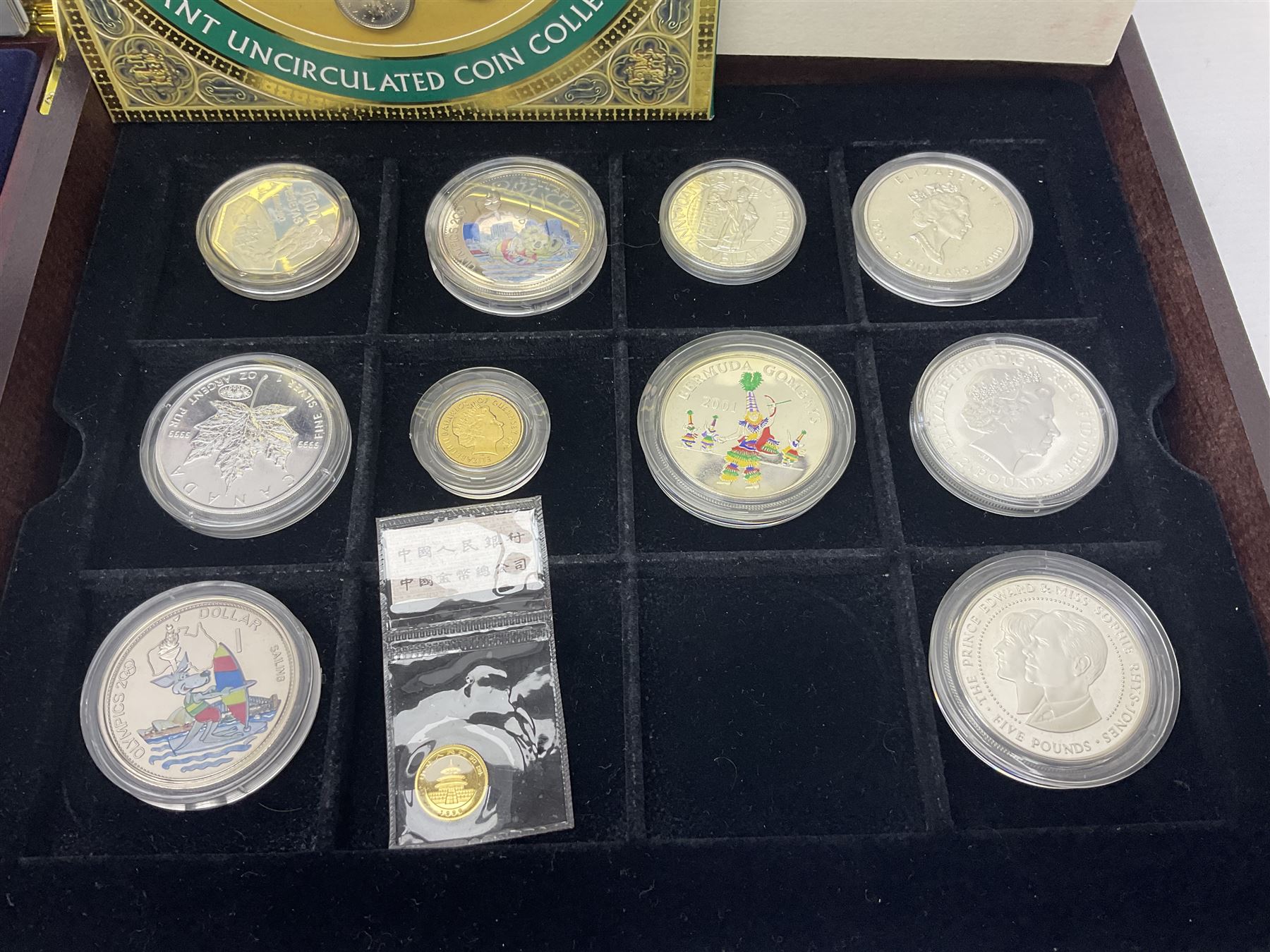 Single owner lifetime collection of mostly commemorative modern World coins with gold, silver and base metal examples, including two Queen Elizabeth II Bailiwick of Guernsey twenty-five pound gold coins 'The 1999 Royal Wedding' and '100th Anniversary of the End of the Victorian Era' 2001 each in 24 carat gold weighing 7.81 grams with certificates, silver coins commemorating the Millennium 2000 including Guyana sterling silver proof two-thousand dollars, Fiji sterling silver proof five dollars etc, silver coins from the Queen Elizabeth II Golden Jubilee Collection dated either 2002 or 2003 from Great Britain and the Commonwealth countries, United Kingdom commemorative crowns in card folders, The Royal Mint United Kingdom 1997 proof coin set in red folder without certificate etc