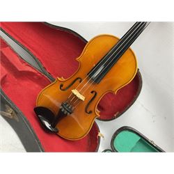 French violin for restoration with 36cm two-piece maple back and ribs and spruce top, bears label 'Lutherie Artistique M. Couturieux'; in wooden case; two modern three-quarter size violins in cases; and five violins for spares or repair