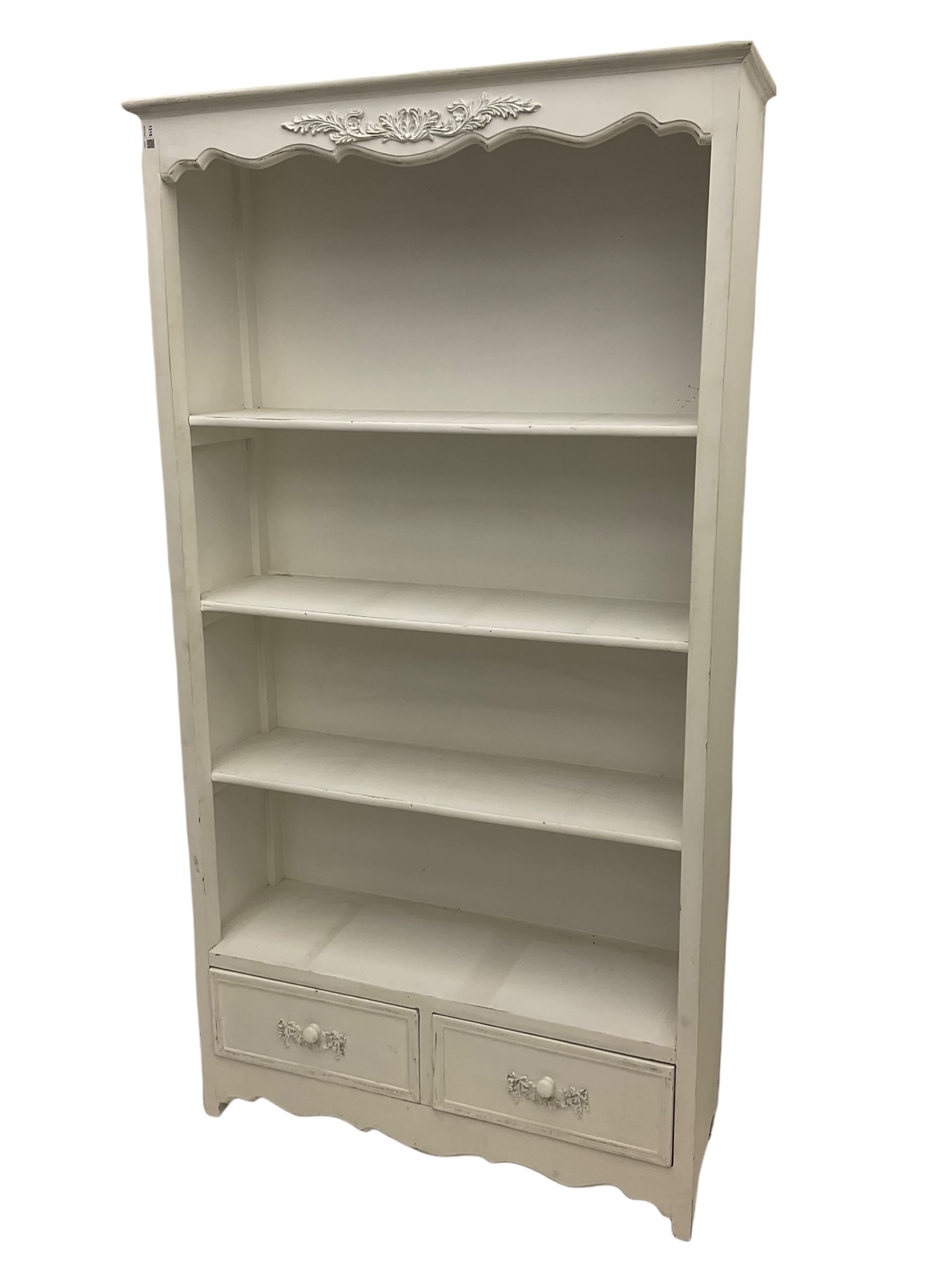 French style cream painted open bookcase with two drawers The