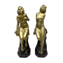 Pair of Art deco period plaster figures, depicting a seated females upon  naturalist base, impressed marks 113 RD78089, H42cm