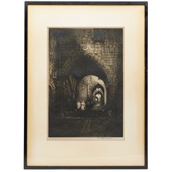 William Renison (Scottish 1893-1938): House of Saint Veronica - Via Dolorosa Jerusalem and French Town Centre; Frank Harding (British fl.1885-1890): 'Christchurch Priory'; John Fullwood (British 1851-1931): Churchyard, and Georges Huardel-Bly (French 1872-?): The Old Curiosity Shop, five monochrome etchings signed in pencil max 44cm x 30cm (5)