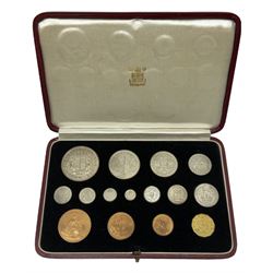 King George VI 1937 specimen coin set, fifteen coins from farthing to crown including Maundy money, in the original case