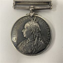 Queen Victoria South Africa medal, with Cape Colony, Orange Free State and Transvaal clasps, awarded to 5879 Private P Kelly, East Lancashire regiment