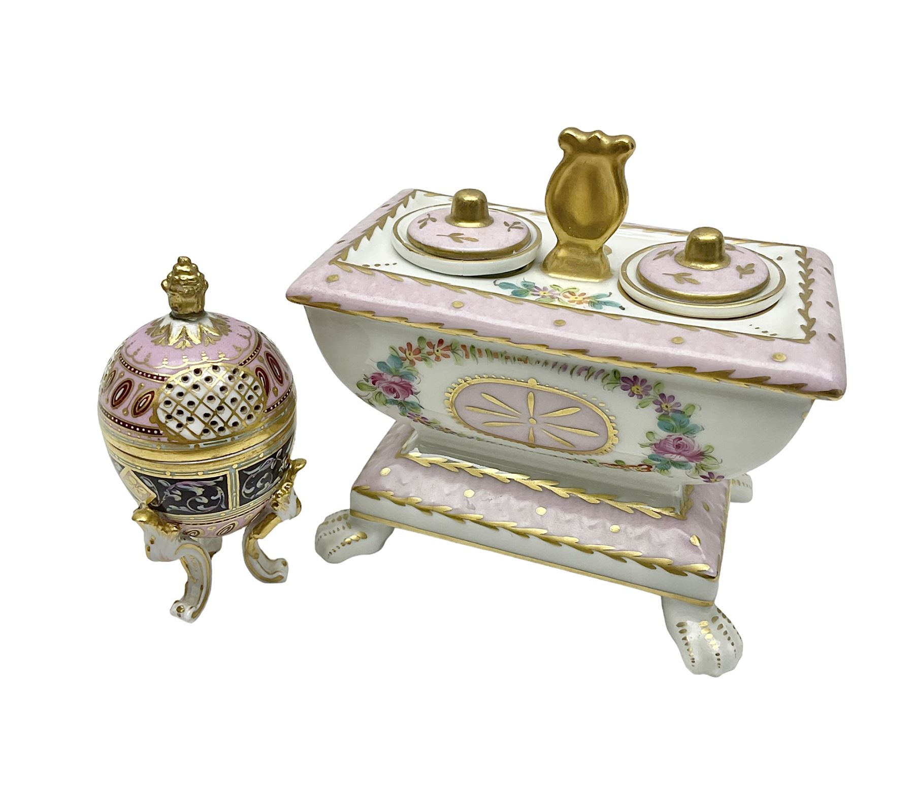 Limoges France hand painted ink well pot stand with lion paw feet, together with  pot pourri vase and cover in the shape of an egg raised on three scroll feet, ink well H14cm 