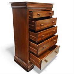 Willis & Gambier - French cherry wood five-drawer chest, the moulded cornice over slide with interior jewellery box all baize lined, two short and three long drawers with turned wooden knobs, on shaped bracket feet
