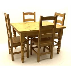 Rectangular pine farmhouse table, raised on turned supports (W122cm, D90cm, H78cm), and four ladder back chairs, square supports joined by stretcher (W46cm)