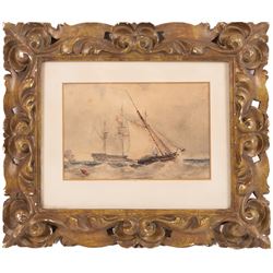 English School (19th Century): Ships at Sea, watercolour signed, in carved Florentine gilt frame, frame overall 34cm x 41cm; GWC (19th Century): Scarborough Beach, watercolour signed with monogram and dated '06, 9cm x 13cm (2)