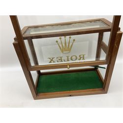 Oak Rolex countertop display advertising cabinet, the glazed body with gilt 'Rolex Wrist Watches' lettering and motif and back opening door, H36cm, W42cm, D19cm