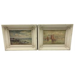 English School (Early 20th century): Fishing Boats at Scarborough and the Beach, pair oils on board signed with initials GH, 12cm x 19cm (2)