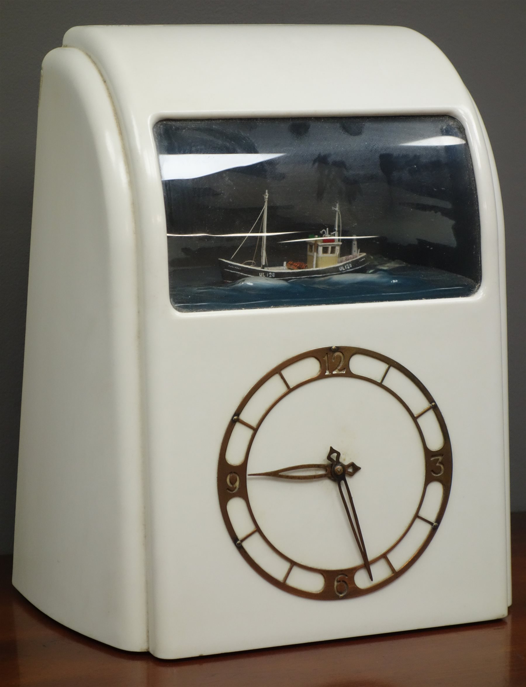 Early 20th century 'Vitascope' Art Deco style clock, with automated ship, in white case, H31cm